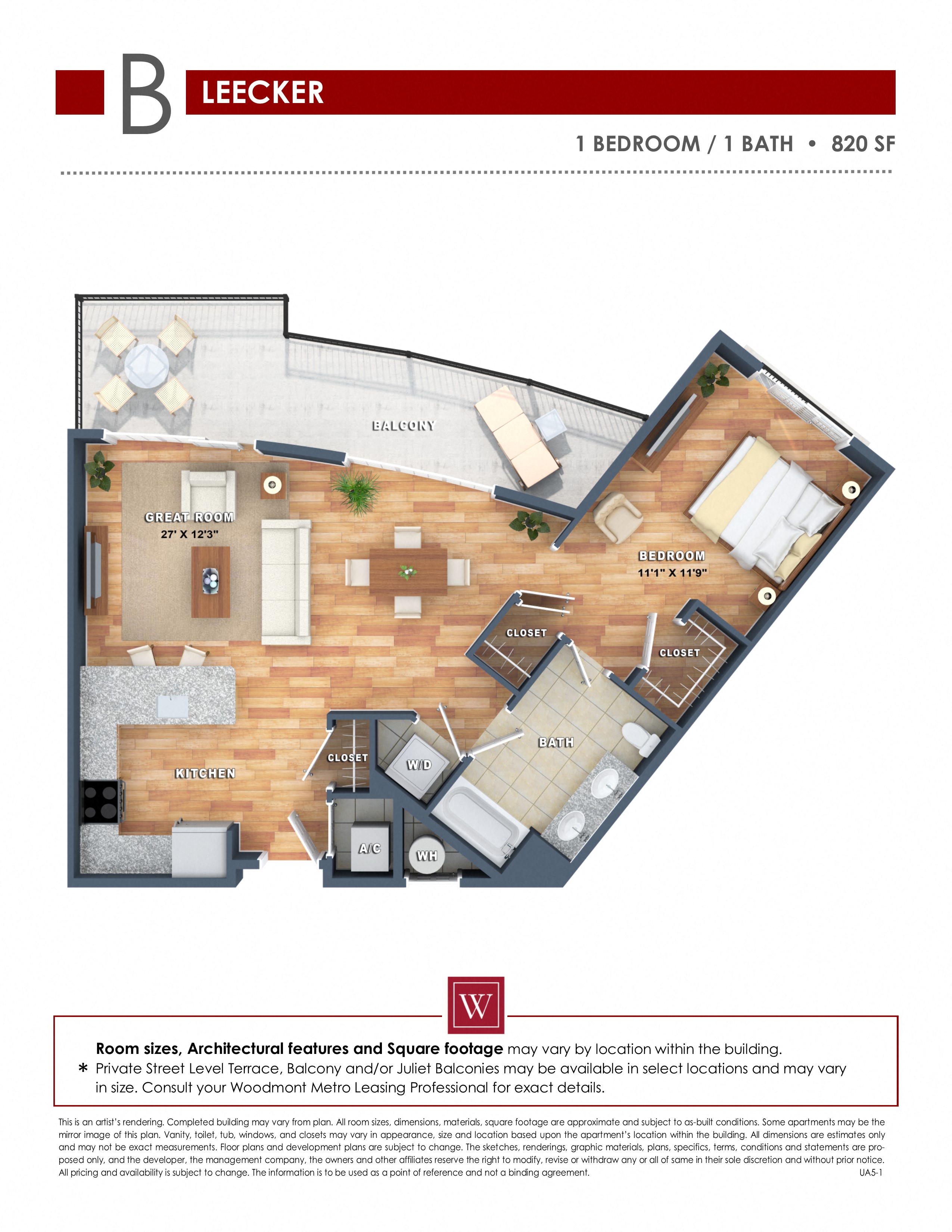 Floor plan for 1 bed, 1 bath, 815 sqft
